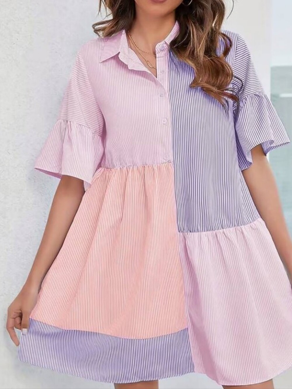 Shein Multicolor Striped Patchwork Ruffle-Sleeve Dress Size M